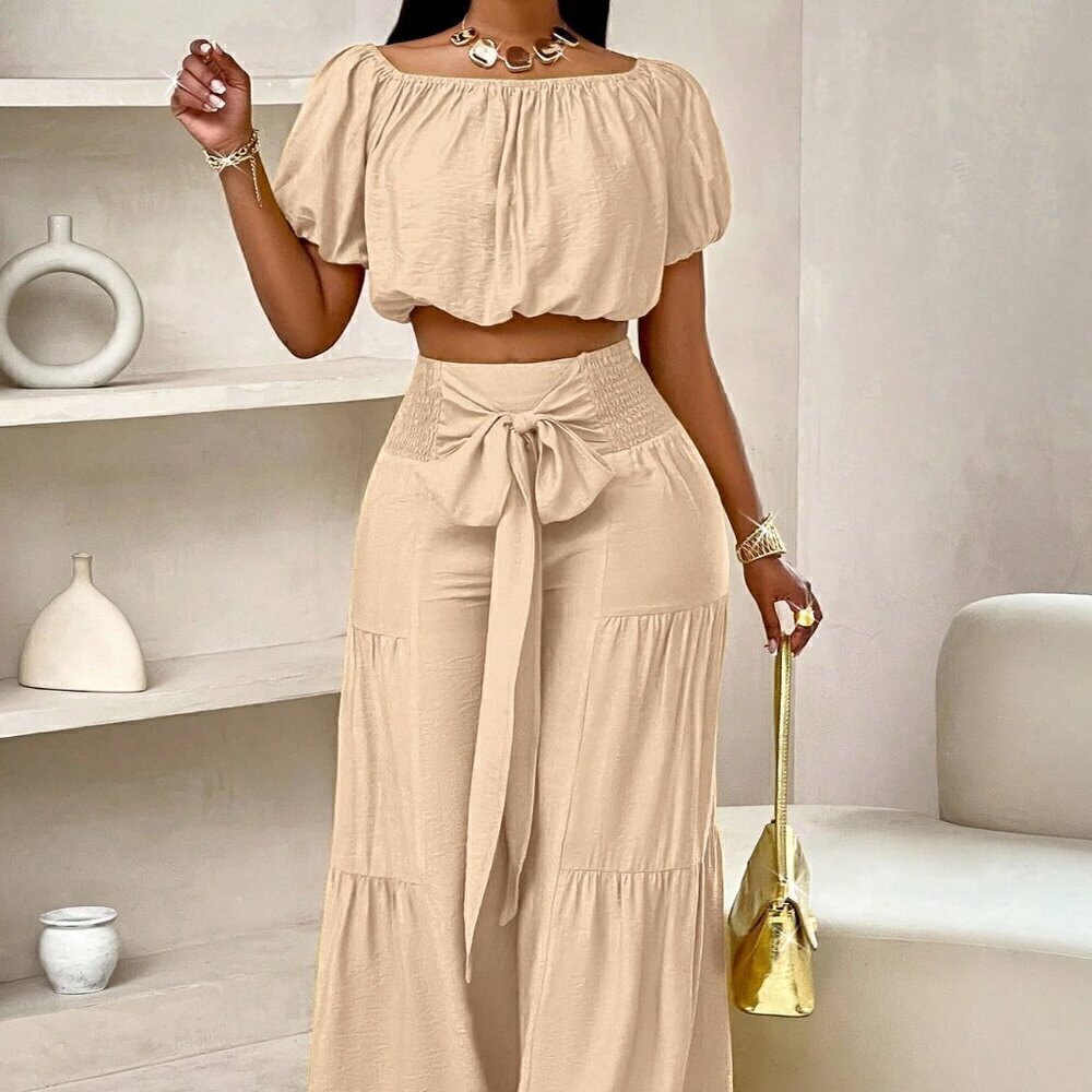 Khaki Casual Women's Beach One-Shoulder Puff-Sleeved Crop Top & Wide Leg Pants